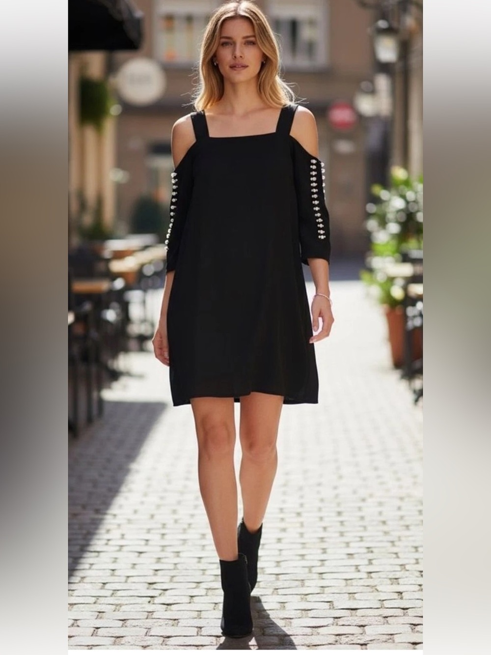 S.Lerine Black Pearl-Embellished Cold-Shoulder Dress